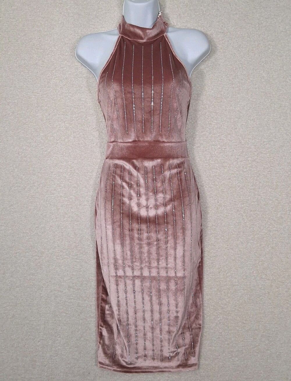 Velvet Rhinestone Haulter Pencil Cocktail Midi Dress Sz S Romantic Soft Glam